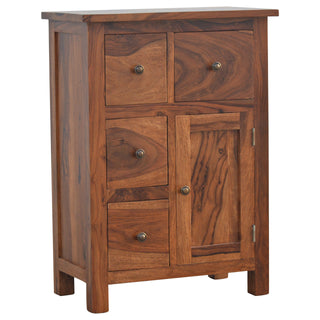 Side angle view of Halcyon Bathroom Storage Cabinet Sheesham Four-Drawer Cupboard