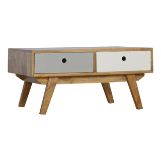 Side angle view of Halo Coffee Table with Storage Drawers Two-Tone Grey Nordic Legs