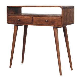 Side angle view of Halo Console Table with Drawers Honey Caramel Curved Open Slot Frame