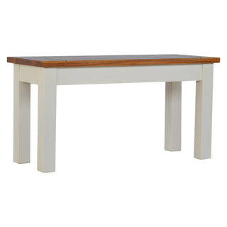 Angled view of Hamble Hallway Bench Two-Tone Acacia Honey Top White Painted Farmhouse Legs Mango Wood