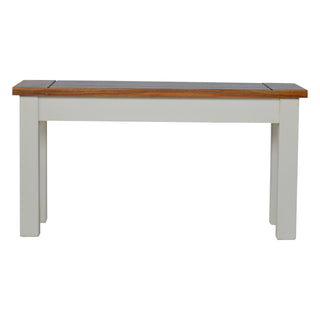 Front view of Hamble Hallway Bench Two-Tone Acacia Honey Top White Painted Farmhouse Legs Mango Wood