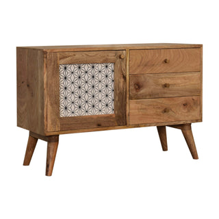 Side angle view of Hana Sideboard Cabinet Screen-Printed Sashiko Door Three-Drawer Natural Oak