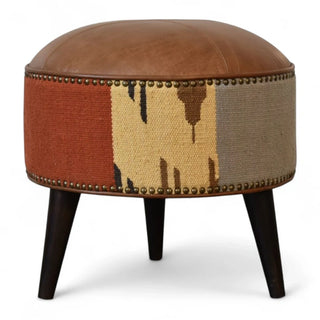 Handmade Leather Solid Wood Ottoman Footstool - front view