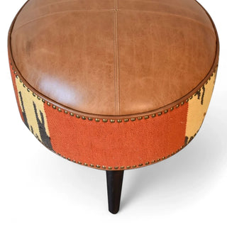 Handmade Leather Solid Wood Ottoman Footstool - leg detail close up