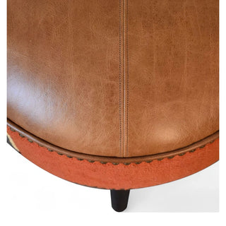 Handmade Leather Solid Wood Ottoman Footstool - seat fabric close up