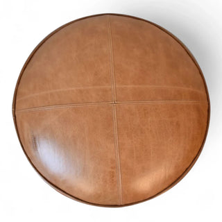 Handmade Leather Solid Wood Ottoman Footstool - side angle view