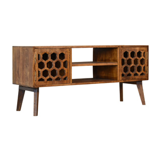 Side angle view of Harlow Media Unit Chestnut Finish Carved Honeycomb Doors