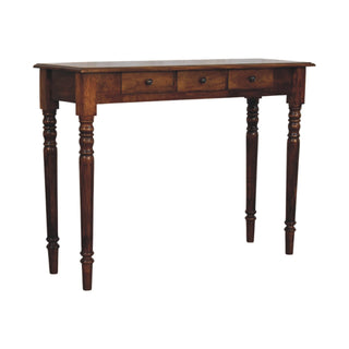 Side angle view of Harrow Console Table with Drawers Chestnut Mango Wood Classic Turned Legs