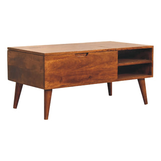 Side angle view of Hatch Lift Top Coffee Table Solid Mango Wood Open Cubbies Chestnut Nordic Legs