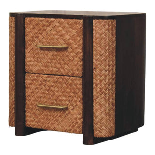 Side angle view of Havana Rattan Bedside Table Herringbone Wicker Panels Brass Bar Velvet Mocha Natural Rattan