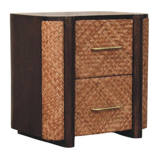 Side view of Havana Rattan Bedside Table Herringbone Wicker Panels Brass Bar Velvet Mocha Natural Rattan