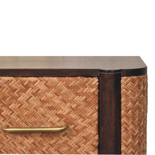 Close-up of fabric texture on Havana Rattan Bedside Table Herringbone Wicker Panels Brass Bar Velvet Mocha Natural Rattan
