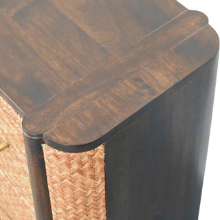 Finish detail view of Havana Rattan Bedside Table Herringbone Wicker Panels Brass Bar Velvet Mocha Natural Rattan