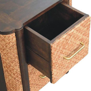 Storage view of Havana Rattan Bedside Table Herringbone Wicker Panels Brass Bar Velvet Mocha Natural Rattan