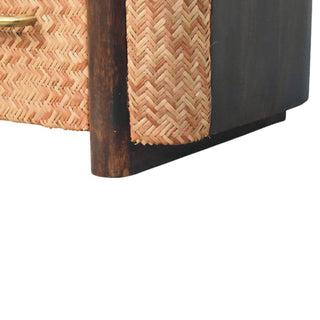 Top view of Havana Rattan Bedside Table Herringbone Wicker Panels Brass Bar Velvet Mocha Natural Rattan