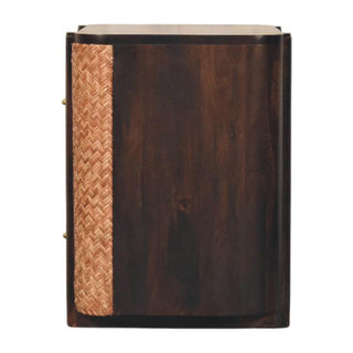 Back view of Havana Rattan Bedside Table Herringbone Wicker Panels Brass Bar Velvet Mocha Natural Rattan