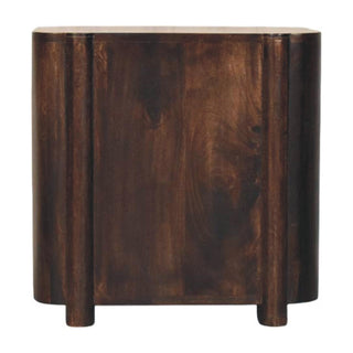 Rear angle view of Havana Rattan Bedside Table Herringbone Wicker Panels Brass Bar Velvet Mocha Natural Rattan