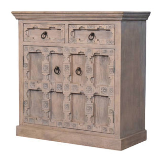 Side angle view of Haveli Sideboard Cabinet with Hand-Carved Lattice Panels and Plinth Base