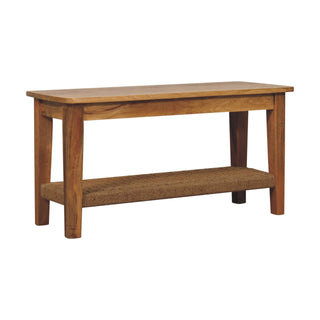 Side angle view of Haven Coffee Table Solid Wood Woven Rope Shelf Chunky Top Natural Oak