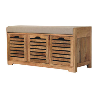 Angled view of Haven Shoe Storage Bench Solid Mango Wood Louvred Shutter Doors bouclé Cushion Seat