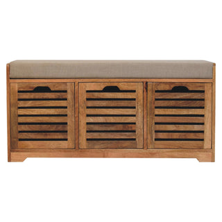 Front view of Haven Shoe Storage Bench Solid Mango Wood Louvred Shutter Doors bouclé Cushion Seat