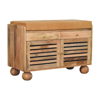 Side angle view of Haven Shoe Storage Cabinet Bench Slatted Doors Leather Seat with Drawers