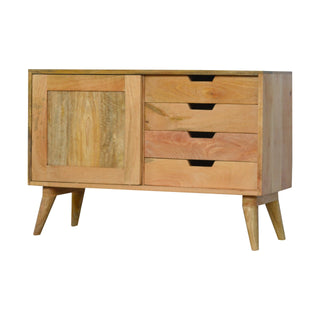 Side angle view of Haven Sideboard Cabinet with Sliding Door and Drawers in Natural Oak Finish