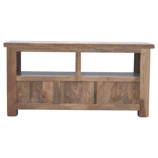 Side angle view of Hazel TV Media Unit Oak Mango Wood Farmhouse Style Three Drawers with Shell Handles and Plinth Base