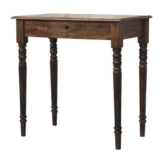Heritage turned-leg desk side view right showing turned legs and drawer detail