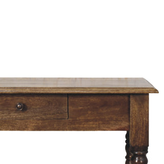 Heritage turned-leg desk front close-up showing drawer knob and turned leg detail