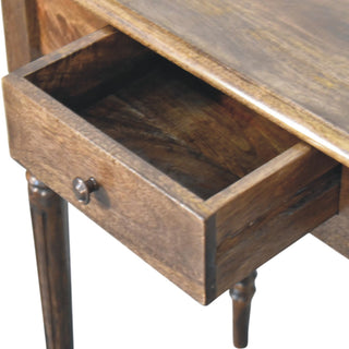 Heritage turned-leg desk with drawer open showing solid wood interior