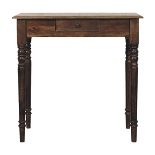 Heritage turned-leg desk front view showing solid wood surface and turned legs
