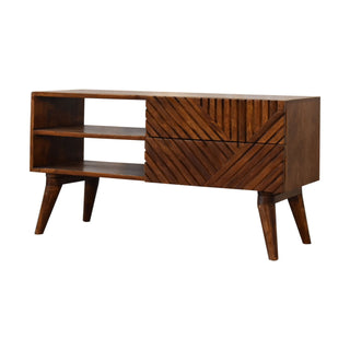 Side angle view of Herron Media Unit Chestnut Mango Wood Herringbone Carved Drawer Fronts No-Knob with Nordic Legs