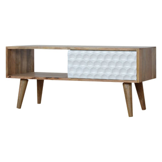 Side angle view of Hex Coffee Table with Sliding Door White Honeycomb Carved Mango Wood