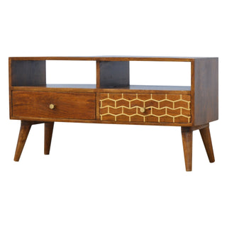 Side angle view of Hex Media Unit Chestnut Mango Wood Gold Hexagonal Honeycomb Lacquered Drawers with Nordic Legs