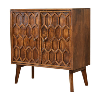 Side angle view of Hexa Display Cabinet Bold Geometric Hexagonal Relief Carved Chestnut Twin-Door