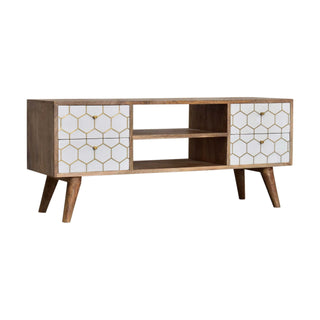 Side angle view of Honeycomb Media Unit Oak Mango Wood White Hand-Painted Brass Hexagonal Inlay Drawers Nordic Legs
