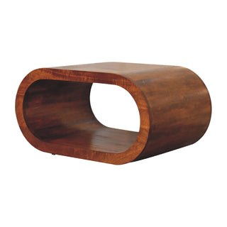Side angle view of Hoop Coffee Table Solid Mango Wood Open Oval Ring Floor Level Chestnut