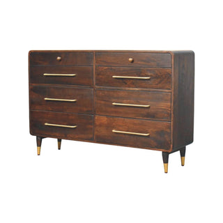 Side angle view of Hudson 8 Drawer Dresser, showing the storage front, hardware and finish