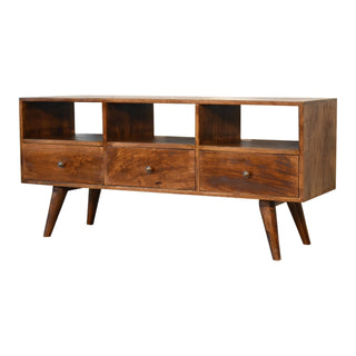 Side angle view of Idris Media Unit Chestnut Finish Triple Drawer Open Shelving