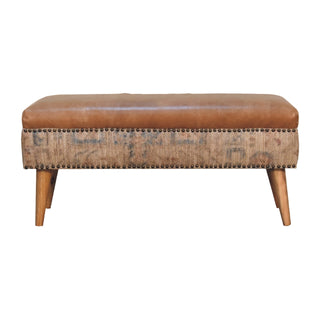 Front view of Indie Hallway Bench Tan Buffalo Leather Seat Dhurrie Fabric Sides Brass Studs Oak Legs