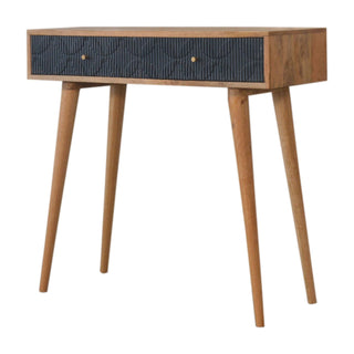 Side angle view of Indigo Console Table with Drawers Navy Ribbed Carved Mango Wood