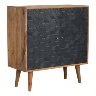 Side angle view of Indra Display Cabinet Navy Blue 3D Geometric Cube Relief Carved Oak Frame
