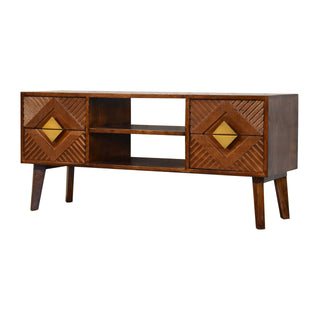 Side angle view of Indra Media Unit Chestnut Finish Ridged Brass Diamond Inlay Doors