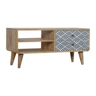 Side angle view of Indra Media Unit Oak Mango Wood Blue and White Diamond Wave Screen-Printed Drawers Curved Base