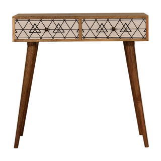 Ines Slim Console Table Drawers Open Triangle Print Nordic Legs Oak - front view