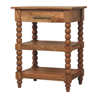 Side angle view of Isla Side Table with Drawer Barley Twist Legs Golden Teak Mango Wood