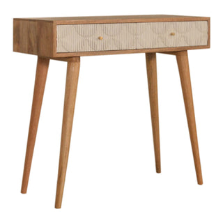 Side angle view of Ivory Console Table with Drawers White Ribbed Carved Mango Wood