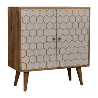 Side angle view of Ivory Display Cabinet White Lacquered Brass Honeycomb Inlay Twin-Door Natural Oak