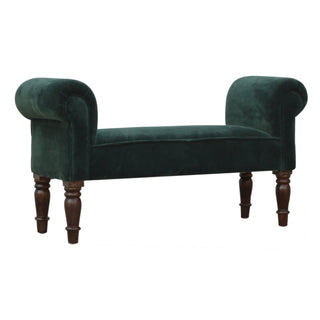 Angled view of Ivy Bedroom Bench Emerald Green Velvet Scroll Arms Turned Dark Walnut Legs